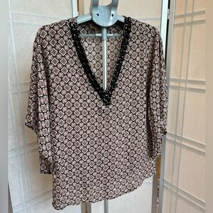 Michael Kors Silk Tunic Top Geometric Print Gemstone Neck Flowy Size S Fits M/L